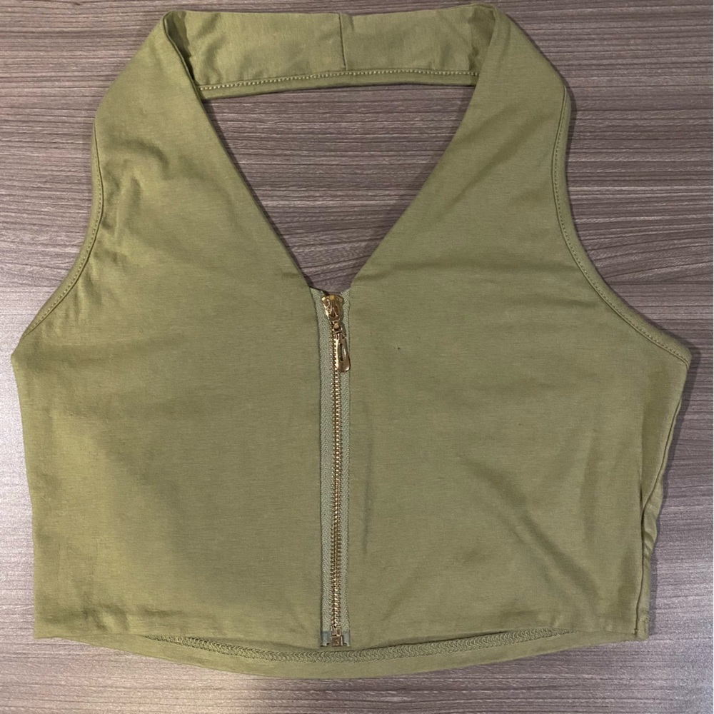 Green Halter Zip Up Top